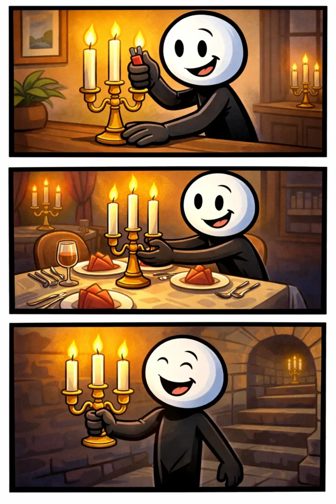 Een Toonwords-afbeelding van een stickman die een kandelaar aansteekt, neerzet en vasthoudt, passend bij het woord kandelaar.