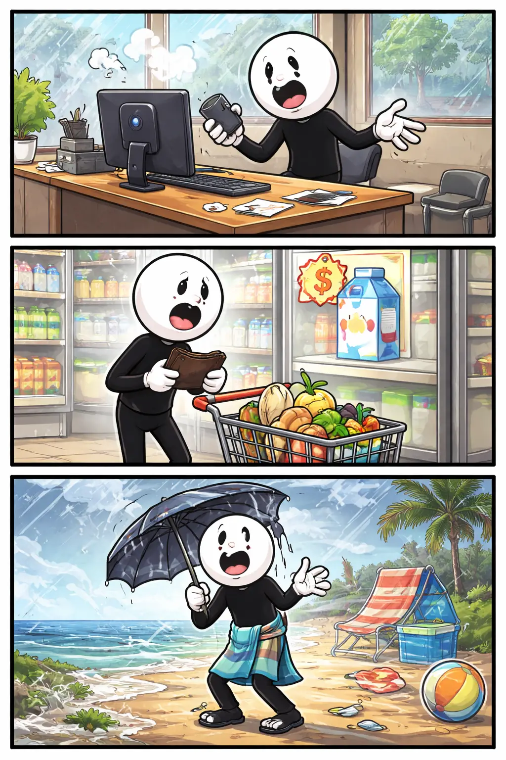 Klagen door een stickman die in drie panelen verschillende situaties met frustratie beleeft.