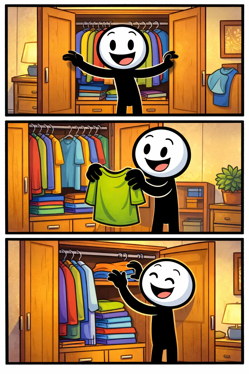 Een toonwords-afbeelding van een kledingkast, met een stickman die de kast opent, kleding pakt en spullen ordent in verschillende panelen.