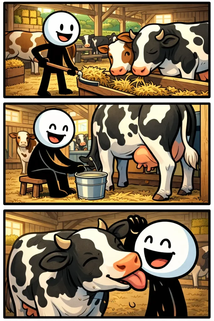 Illustratie van een stickman in een koeienstal tussen meerdere koeien in Toonwords-stijl.