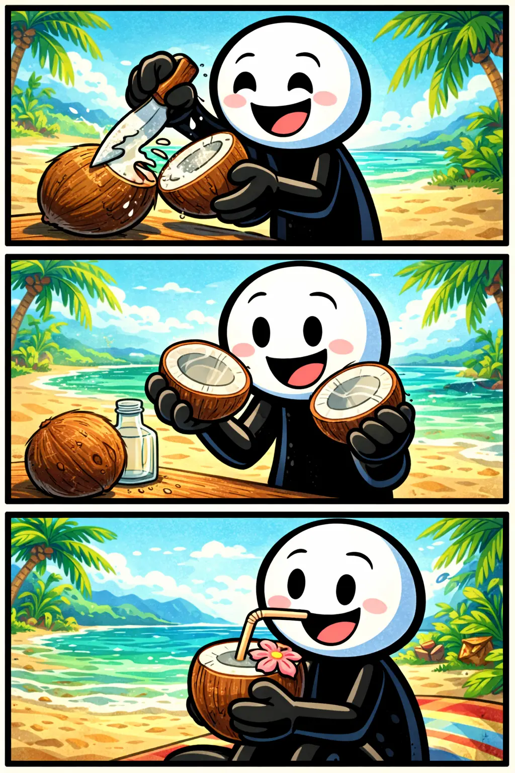 Stickman hakt een kokosnoot open, houdt twee helften omhoog en drinkt uit een kokosnoot met een rietje – Kokosnoot.