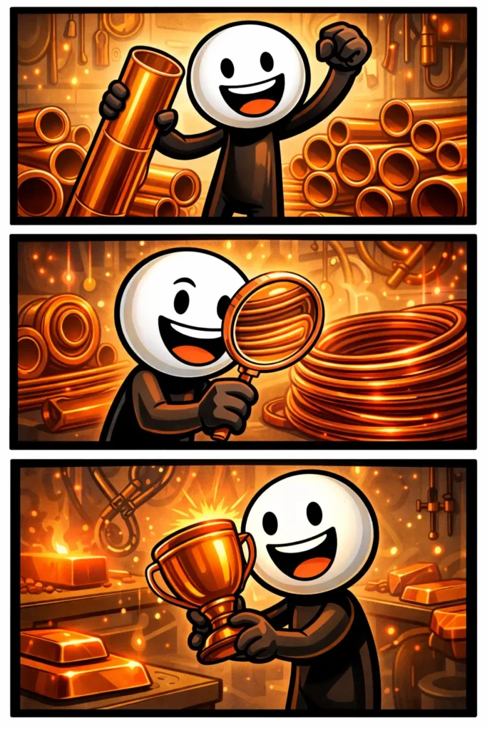 Een kleurrijke Toonwords-strip met het Nederlandse woord koper waarin een stickman vrolijk met verschillende koperen materialen werkt.