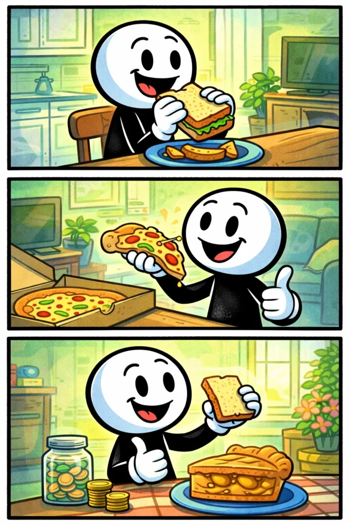 Stripafbeelding van een stickman die verschillende soorten korsten van eten bekijkt en vasthoudt in een warme keukenomgeving.