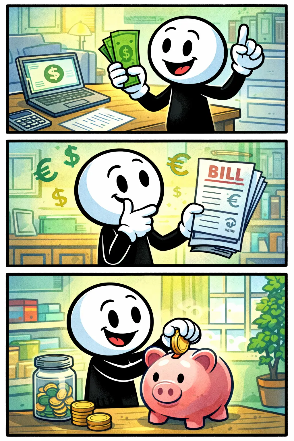 Stripafbeelding van een stickman die bezig is met verschillende kosten en financiële handelingen in een kleurrijke ruimte.