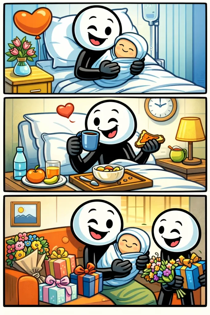 Afbeelding van het Toonword “Kraamvrouw” met scènes die herstel en zorg na de geboorte uitbeelden in Toonwords-stijl.