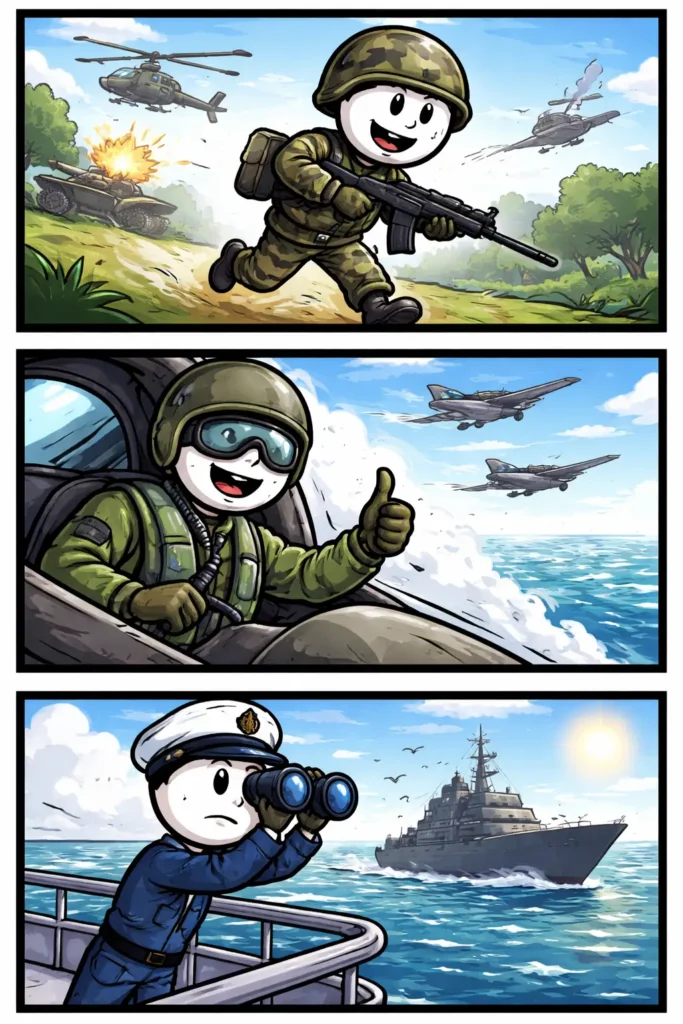 Stickman die de krijgsmacht uitbeeldt in kleur in een Toonwords-strip met militair decor.