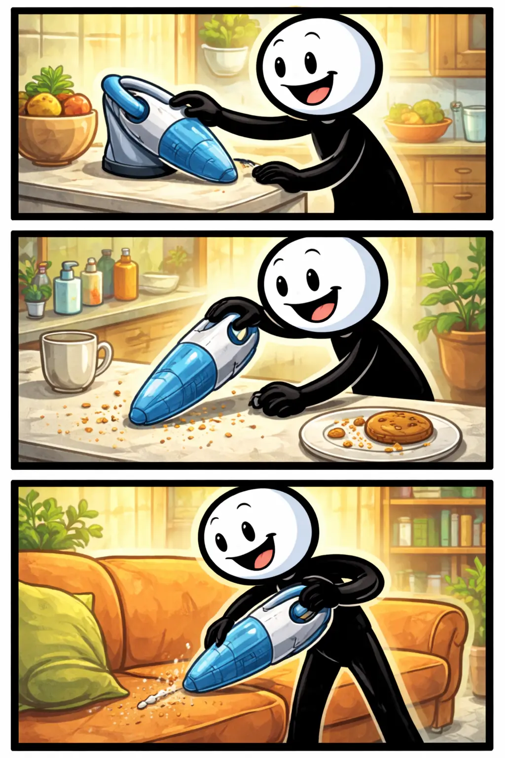 Illustratie van een kruimeldief in gebruik in Toonwords-stijl.