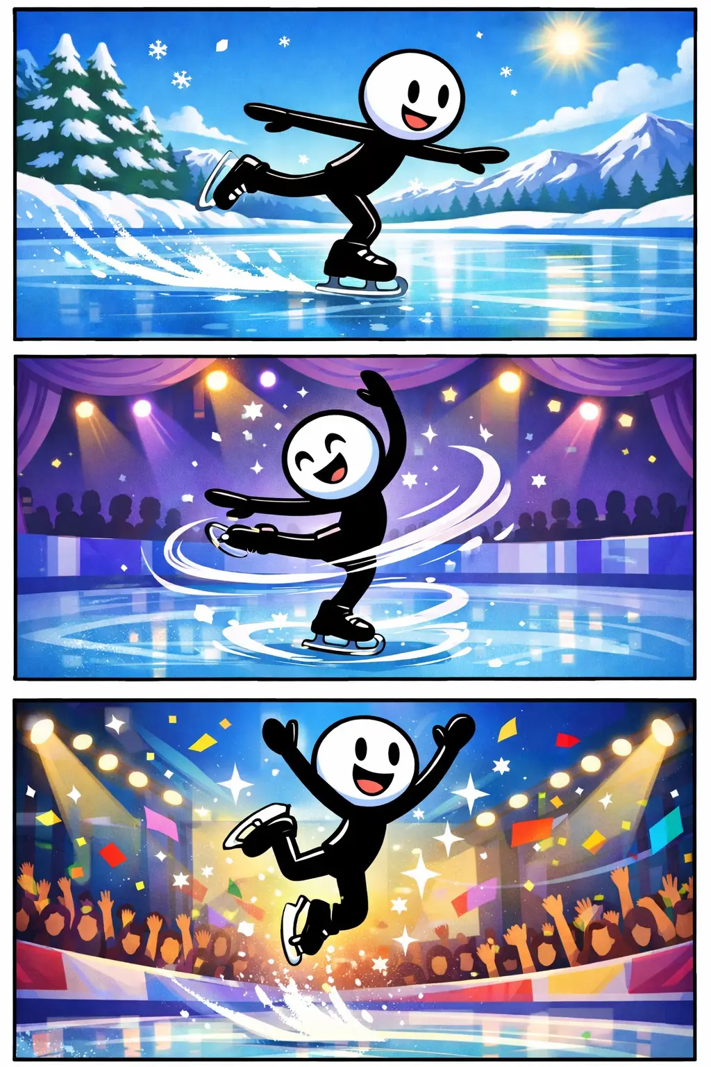 Stickman die kunstschaatsen laat zien met glijden, draaien en een sprong in de strip.