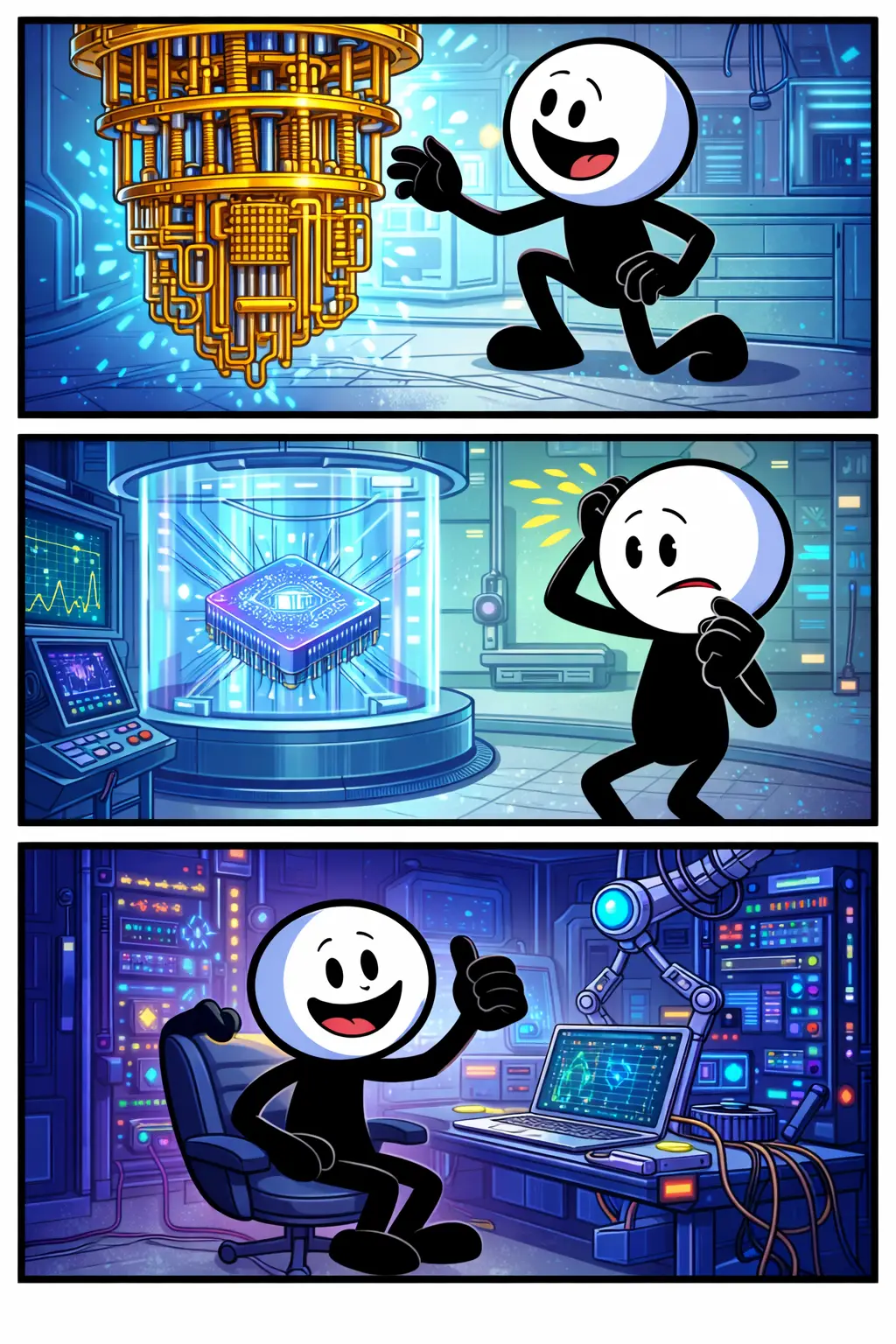 Stickman onderzoekt en bedient een kwantumcomputer in drie kleurrijke technische panelen.
