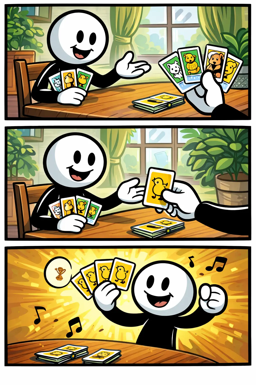 Een Toonwords-strip waarin een stickman in drie scènes een kwartetspel speelt en kaarten verzamelt.