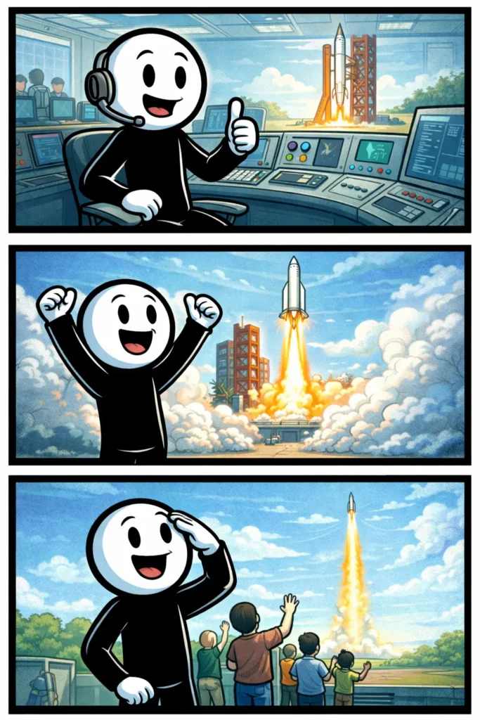 Stickman die het begrip lancering uitbeeldt met drie scènes rondom een opstijgende raket.
