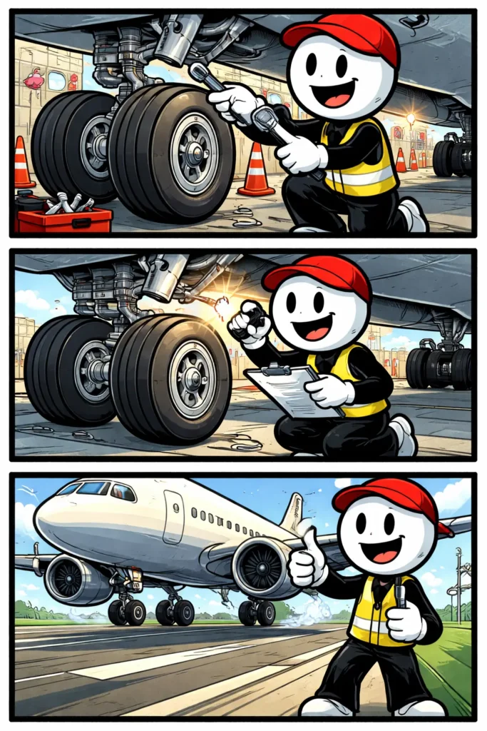 Stickman toont in drie panelen het landingsgestel van een vliegtuig in een kleurrijke strip.