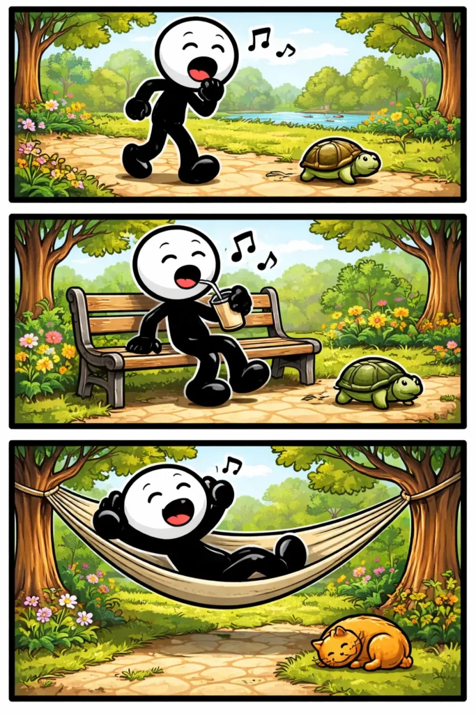 Stripafbeelding van een stickman die langzaam wandelt, zit en ontspant in een park bij het toonword Langzaam.