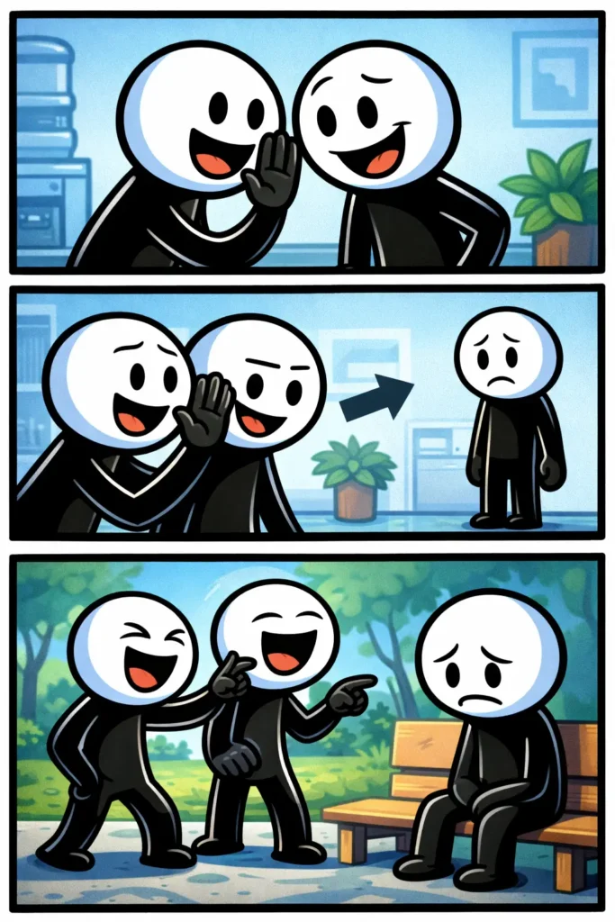 Een Toonwords-afbeelding van het woord laster met drie scènes waarin roddels worden doorverteld en iemand daardoor verdrietig raakt.