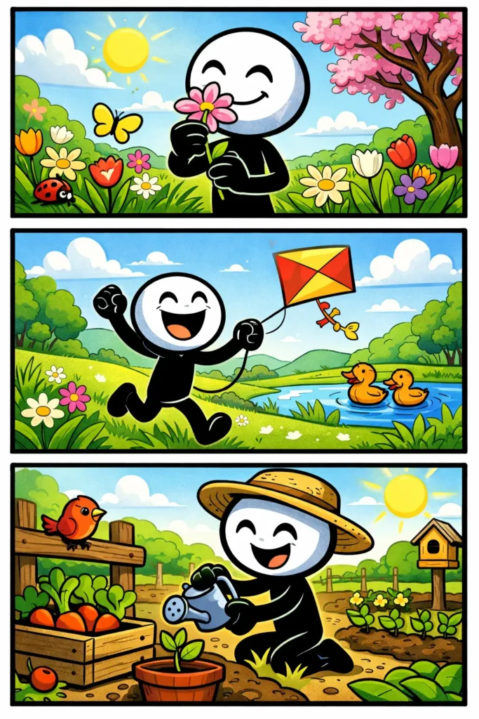 Stickman in drie panelen die momenten van de Nederlandse lente beleeft met wisselende frisse buitenomgevingen.