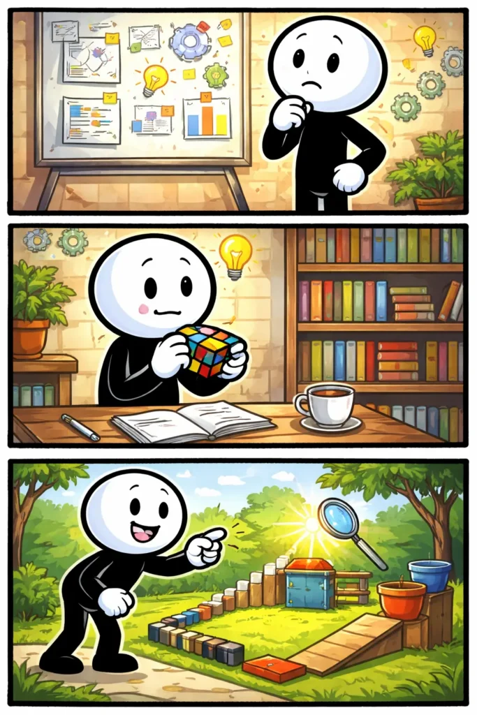 Een Toonwords-afbeelding waarin een stickman logisch nadenkt in drie verschillende situaties.