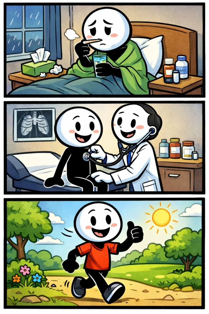 Een Toonwords-afbeelding van een stickman in drie scènes die het begrip longontsteking uitbeeldt.