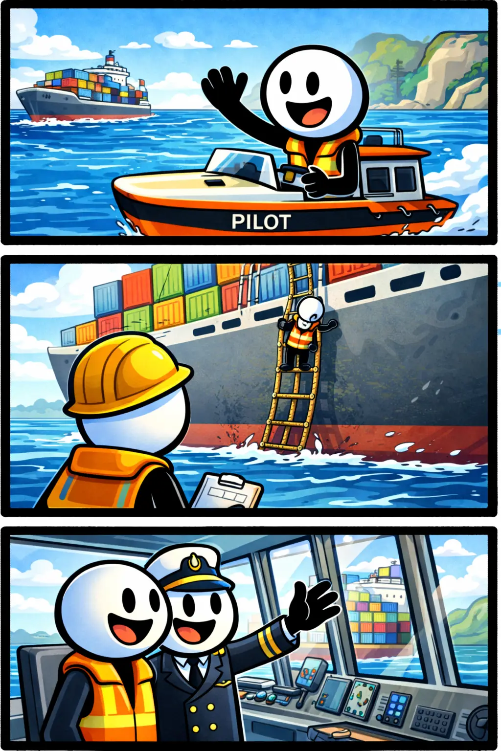 Stickman vaart met een loodsboot, klimt aan boord van een vrachtschip en kijkt daarna samen met de kapitein vooruit.