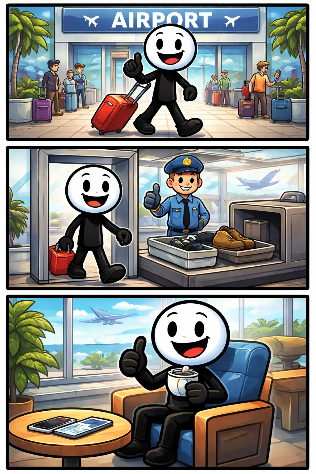 Afbeelding in Toonwords-stijl van een stickman op een luchthaven, passend bij het woord luchthaven.