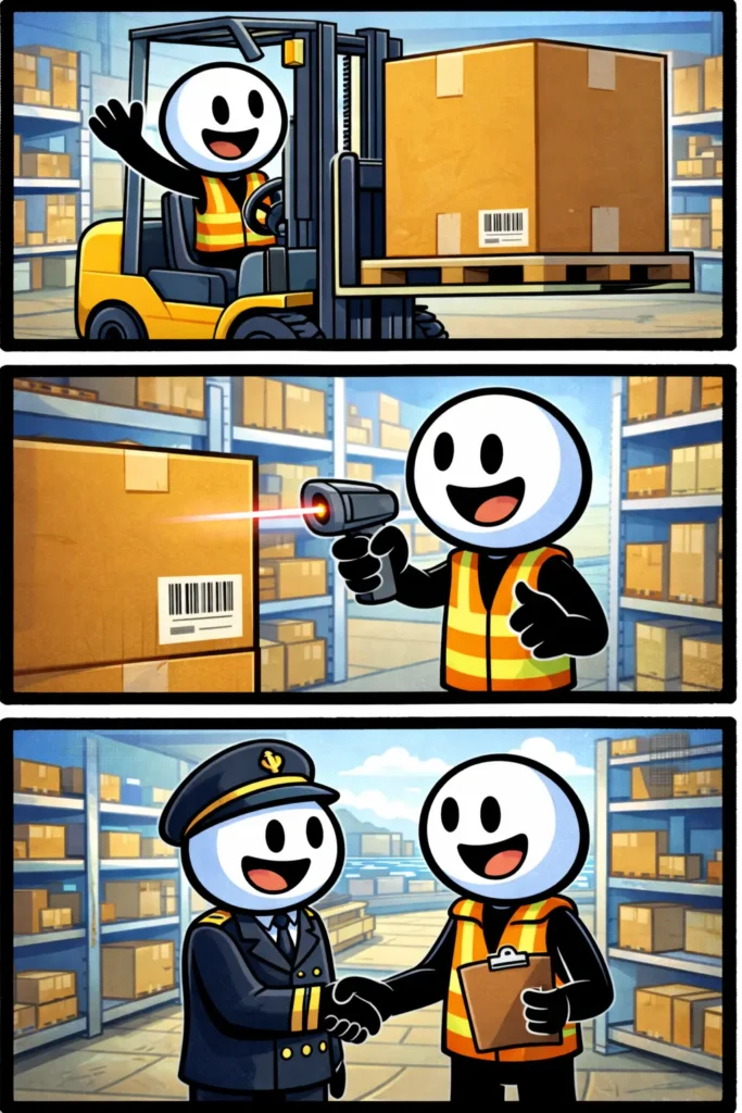 Stickman werkt in een magazijn met heftruck, scanners en een collega tussen hoge rekken vol dozen.