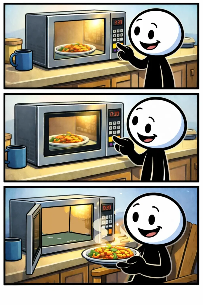 Een stickman gebruikt een magnetron in drie verschillende panelen, van eten plaatsen tot het eruit halen van een warme maaltijd.