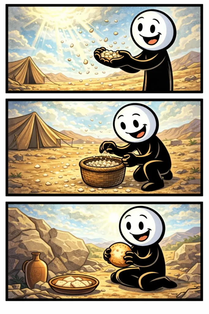 Stickman in de woestijn vangt en verzamelt neervallend manna uit de lucht.