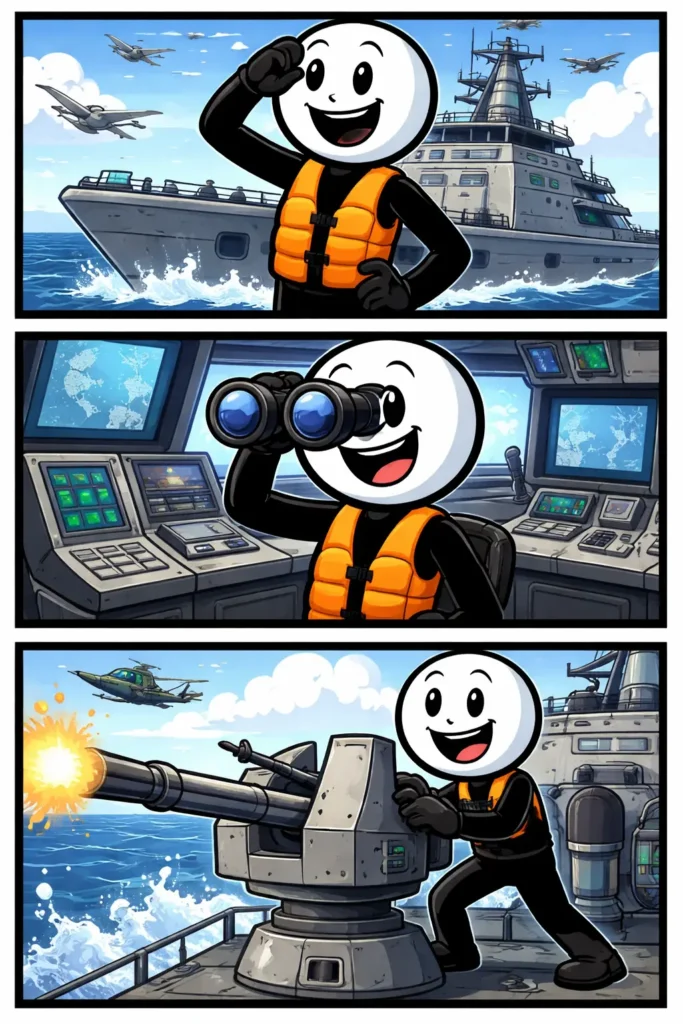 Een marineschip vaart over zee terwijl een stickman trots op het dek staat.