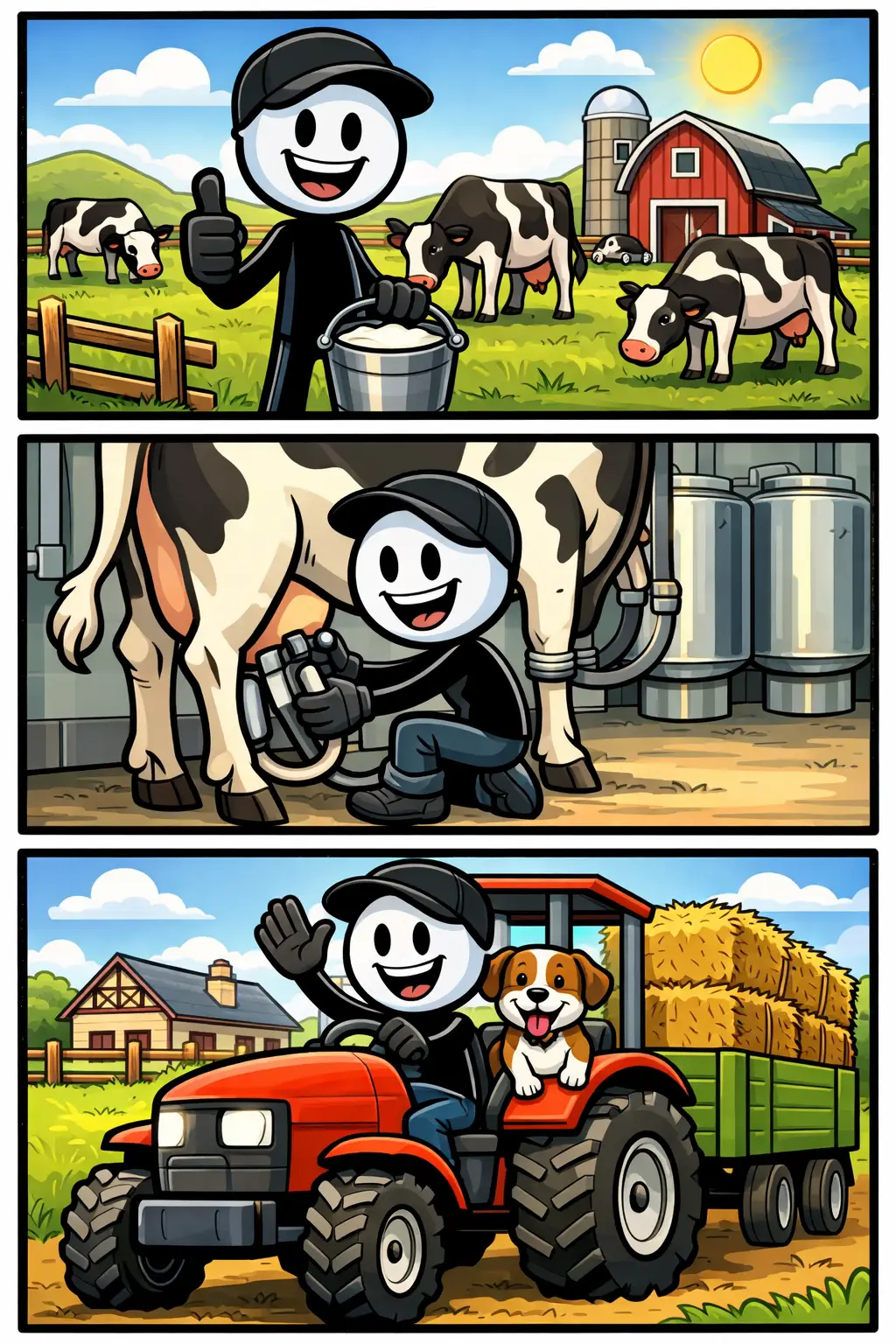 Stickman op een boerderij die laat zien wat melkveehouderij is, met koeien en melkactiviteiten in beeld.