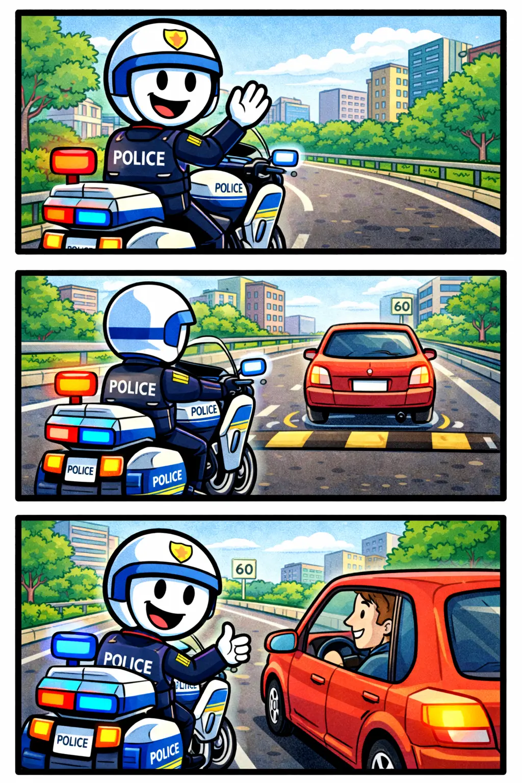 Stickman die als motoragent op een politiefiets rijdt en verkeer begeleidt.