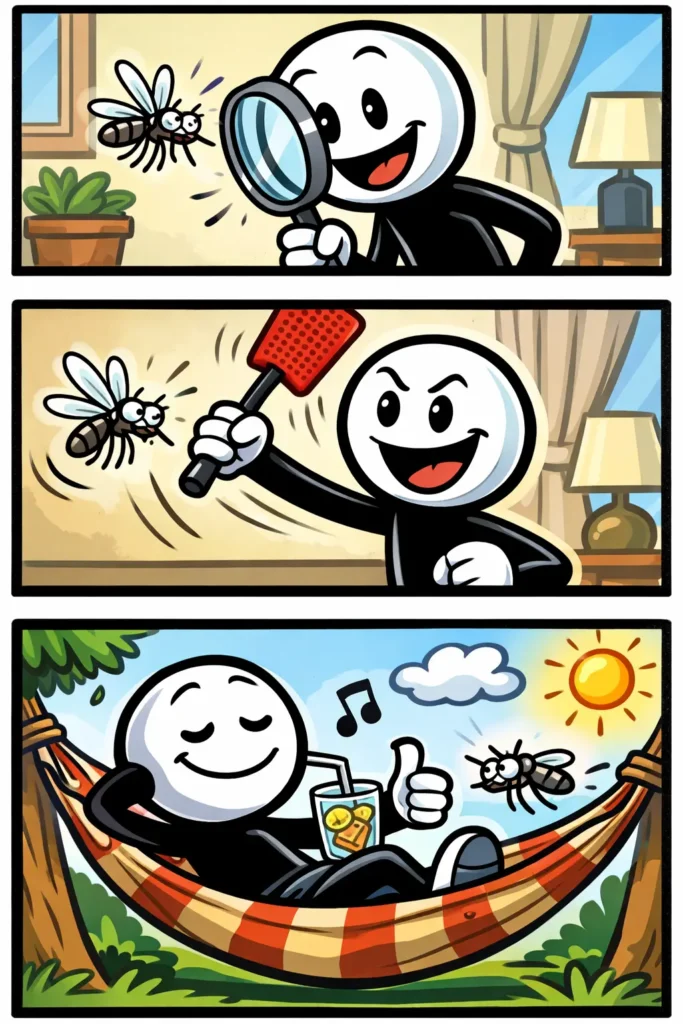 Stickman kijkt naar een kleine mug die rond zijn hoofd vliegt in een kleurrijke Toonwords-stijl.