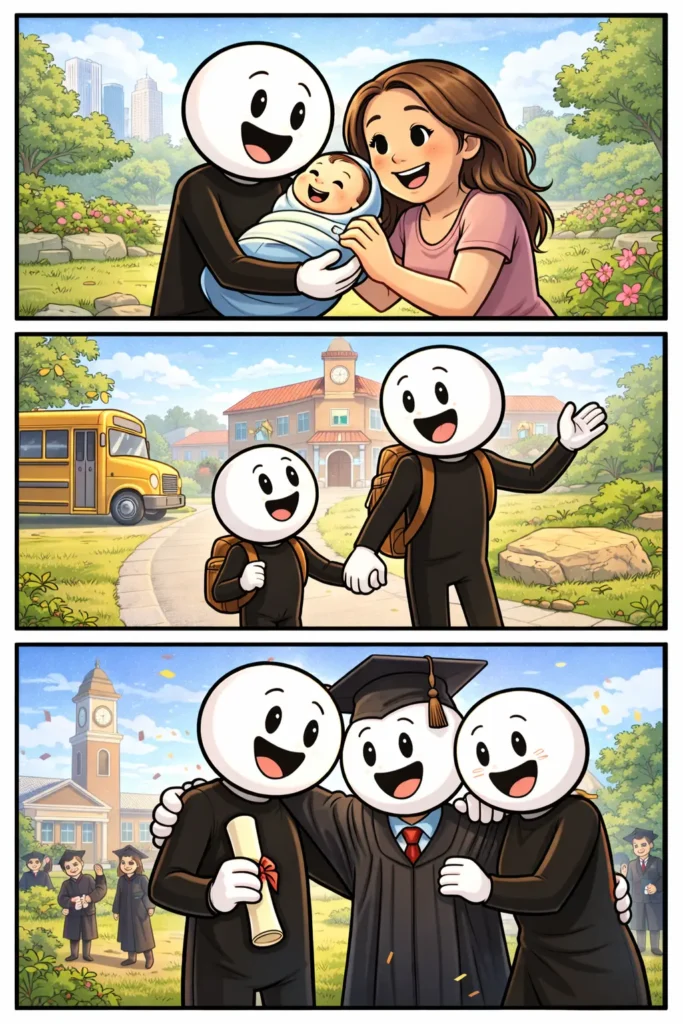 Nakomeling getoond in drie panelen met een stickman die verschillende levensfases van een kind laat zien.