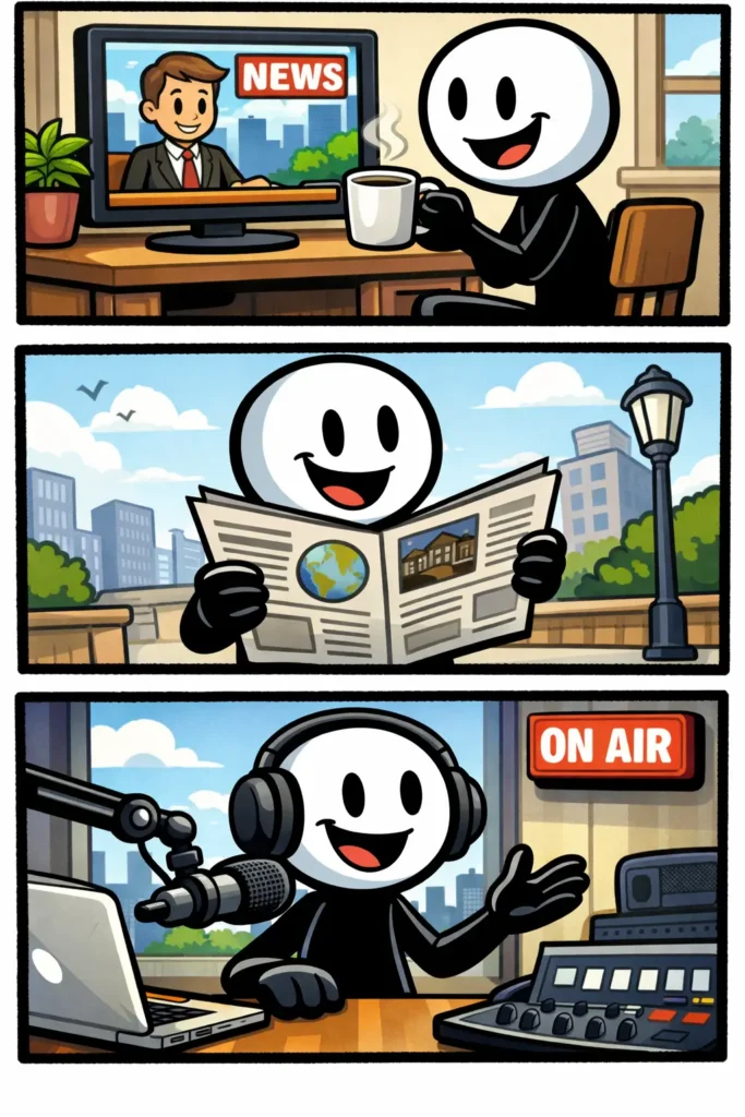 Stickman leest het nieuws in drie scènes in de Toonwords-stijl.