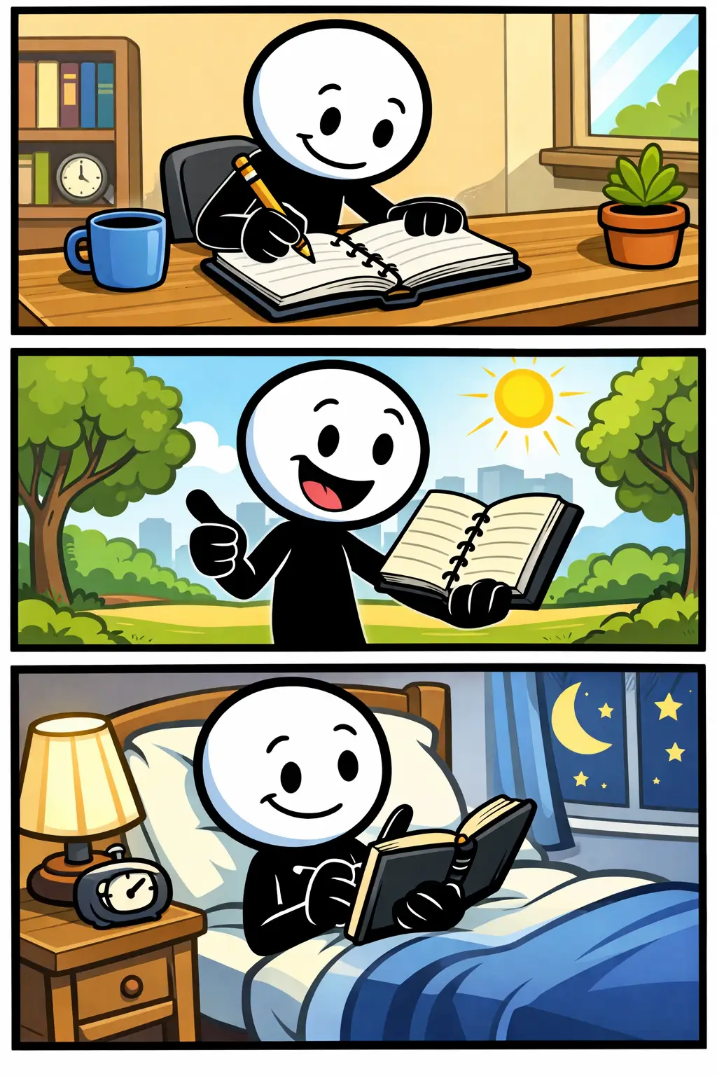Een stickman gebruikt een notitieboek op verschillende momenten in kleur, met drie panelen boven elkaar.