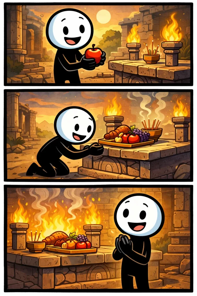 Stripafbeelding van een stickman die een offer brengt in drie panelen, passend bij het Nederlandse woord offer.
