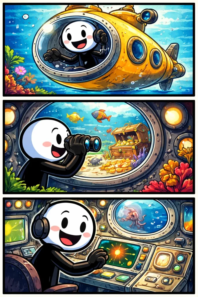 Stickman bestuurt een gele onderzeeboot, kijkt door een ronde patrijspoort naar een schatkist en navigeert langs een octopus – Onderzeeboot.