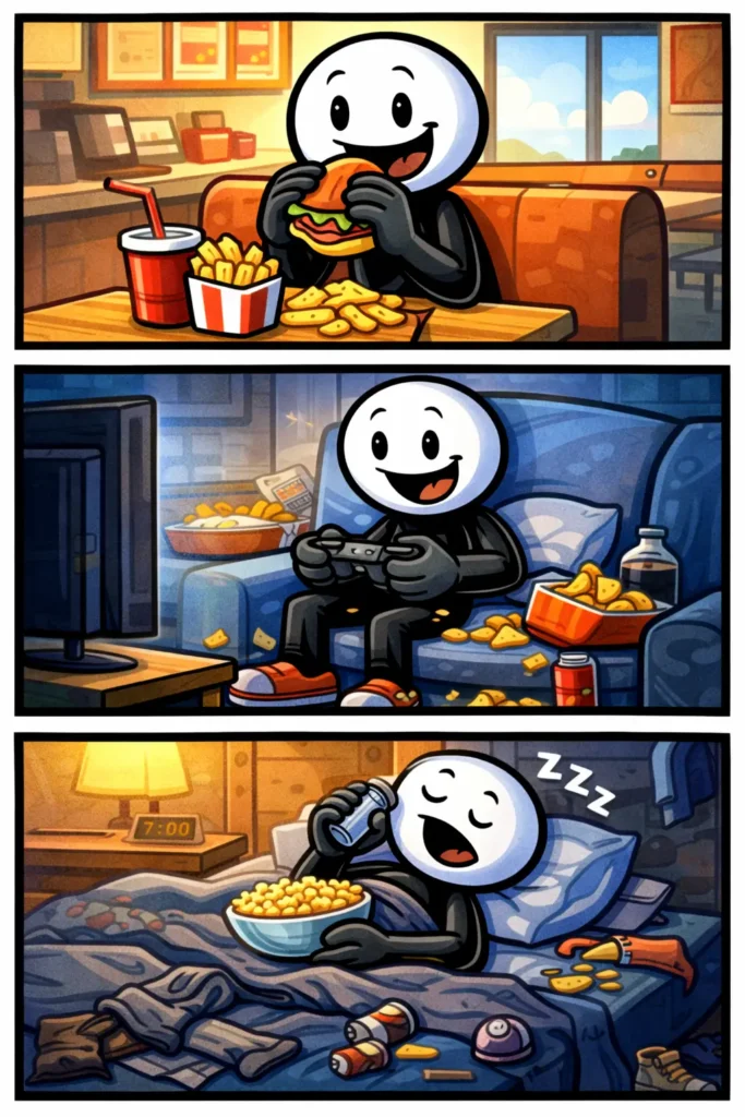 Stickman in drie panelen die ongezond gedrag toont zoals snacken, gamen en liggen met rommel om zich heen in Toonwords-stijl.