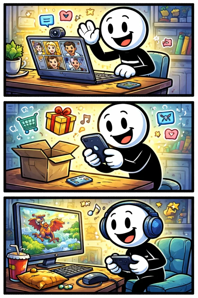 Stripafbeelding van Online in drie panelen waarin een stickman videobelt op een laptop, een pakket bestelt via smartphone en met koptelefoon achter een computer actief bezig is in een digitale omgeving.