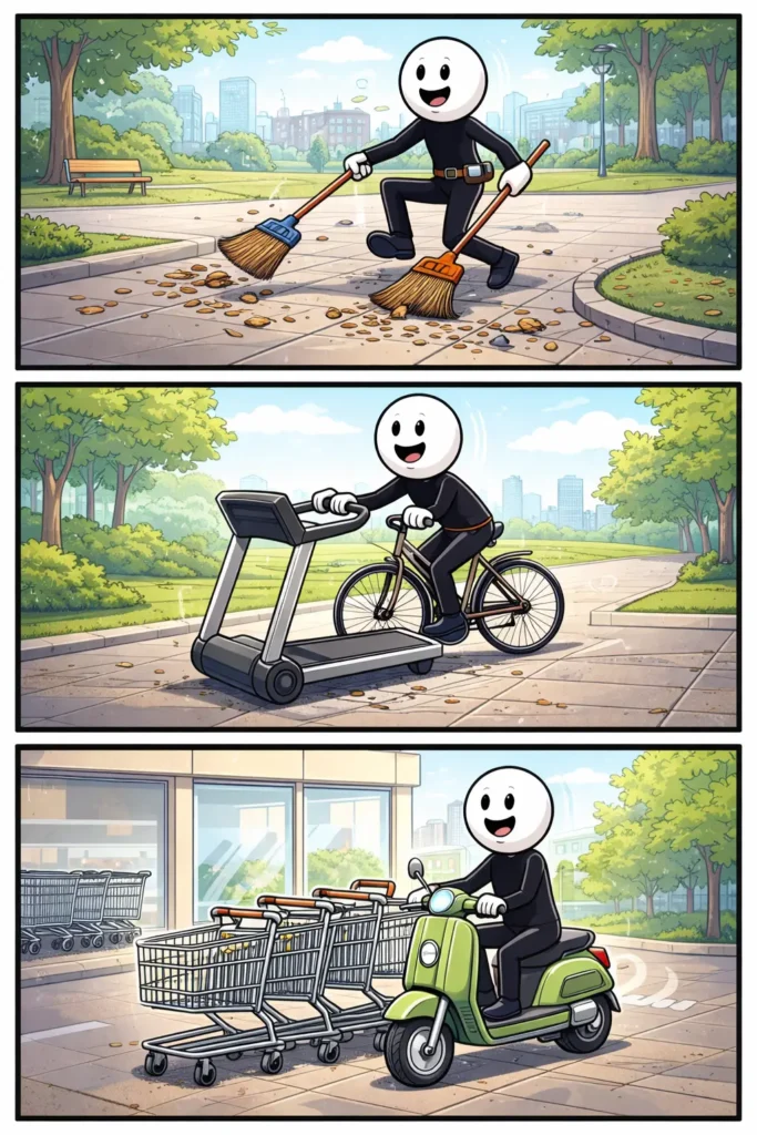 Onnodig handelingen uitvoerende stickman in drie panelen met verschillende absurde acties.