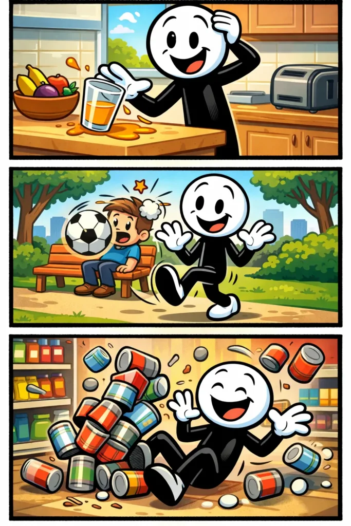 Stripafbeelding van een stickman die onopzettelijk drinken morst, een bal tegen iemand aan schopt en blikken omstoot in een winkel.