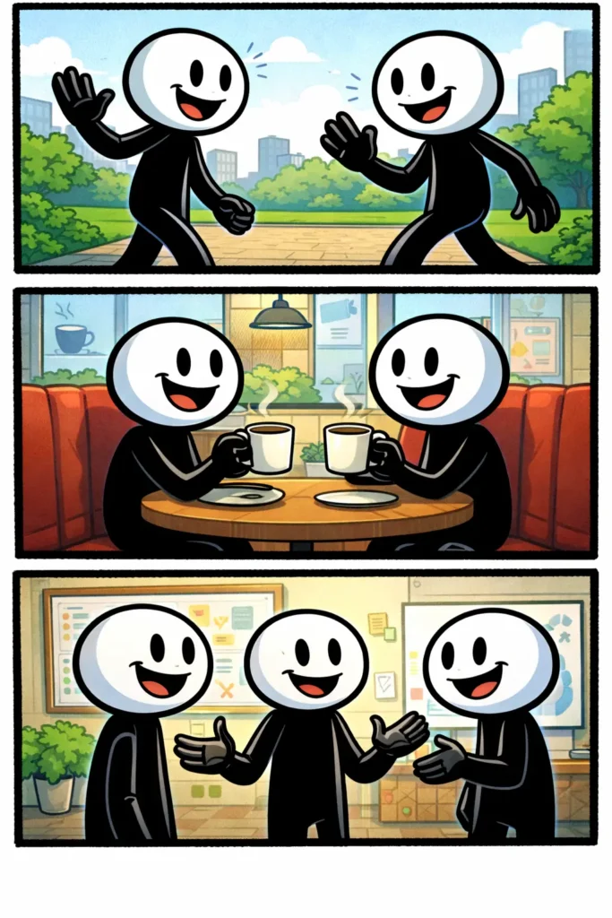 Stickman beleeft een ontmoeting in drie scènes in de Toonwords-stijl.