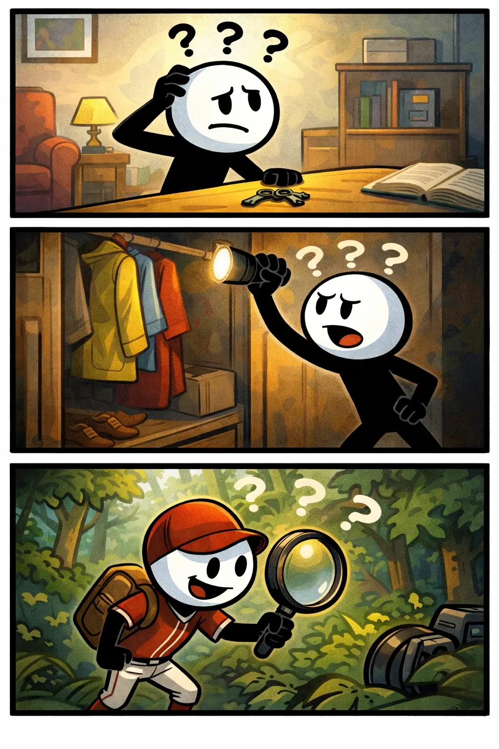 Stickman zoekt wanhopig naar een voorwerp dat Onvindbaar lijkt in drie verschillende scènes.