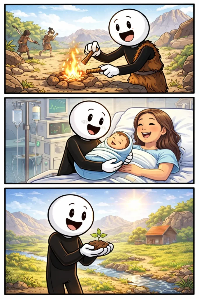 Oorsprong getekend met een stickman die in drie panelen verschillende beginmomenten laat zien.