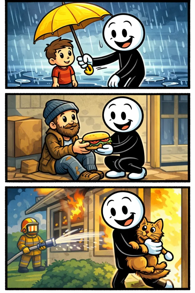 Stripafbeelding van een stickman die opofferen toont door iemand te beschermen tegen regen, eten te delen en een dier te redden uit gevaar.