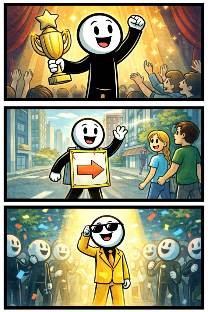 Stickman die het begrip opvallend uitbeeldt in drie scènes waarin hij duidelijk opvalt.