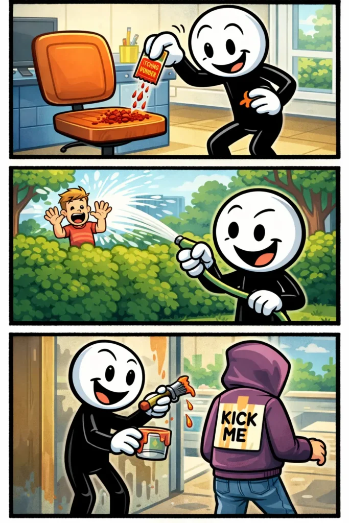 Stripafbeelding van een stickman die opzettelijk een handeling uitvoert met een duidelijke en bewuste keuze in drie verschillende situaties.