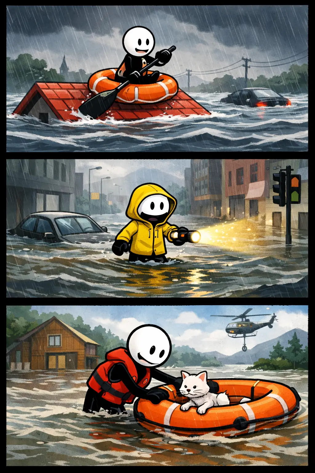 Kleurige Toonwords-strip van een overstroming met het Nederlandse woord overstroming centraal afgebeeld.