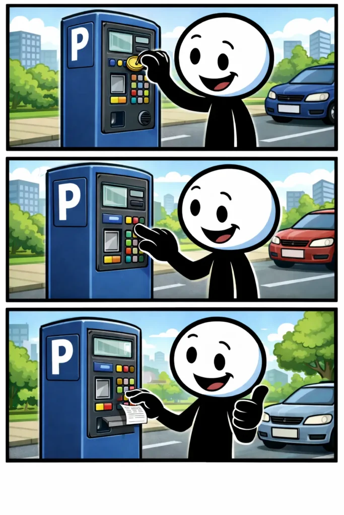 Een stickman gebruikt een parkeerautomaat in drie verschillende kleurrijke panelen, met duidelijk zichtbaar apparaat en handelingen.