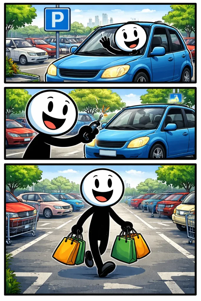 Parkeerplaats met meerdere geparkeerde auto’s en duidelijke vakken in een open buitenomgeving.