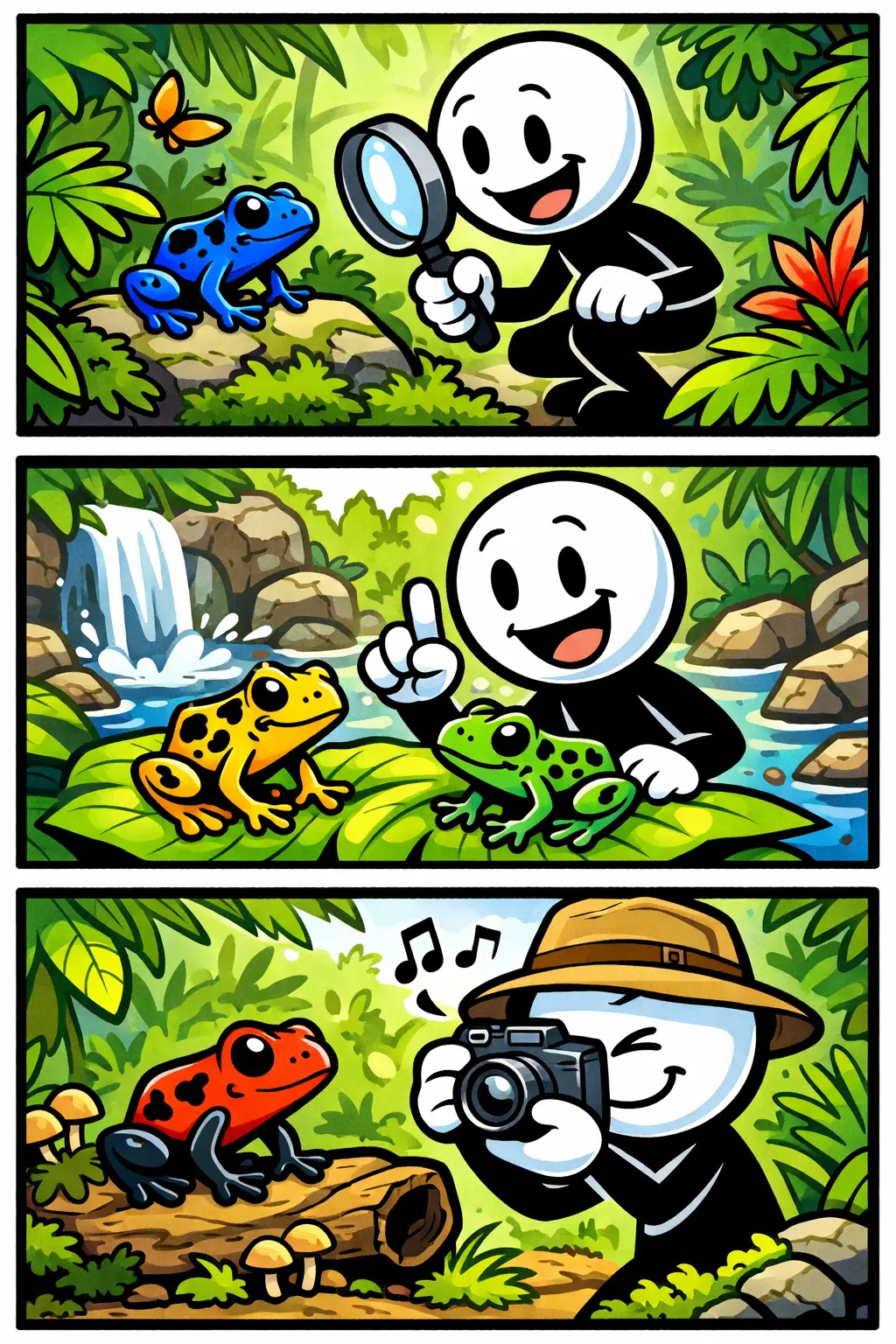 Stripafbeelding van een Pijlgifkikker in drie panelen waarbij een felgekleurde kikker door het regenwoud springt, op een blad zit en waarschuwend zijn kleuren toont.