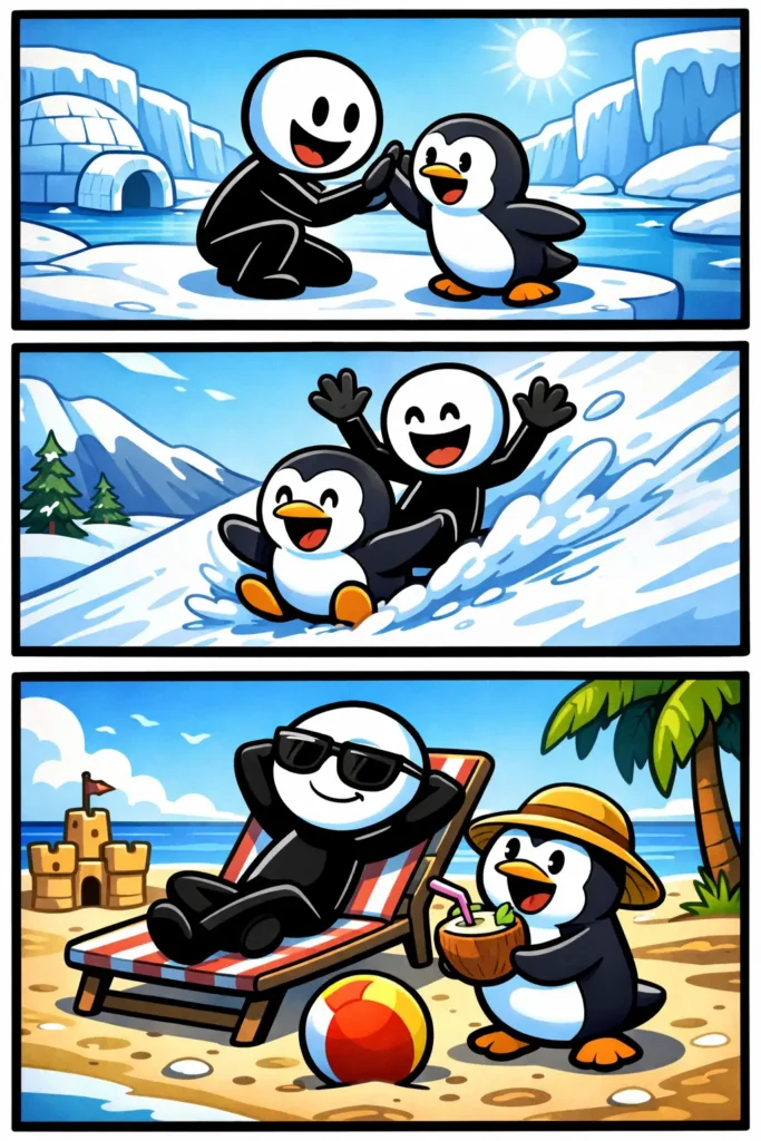 Een pinguïn in Toonwords-stijl die vrolijk op het ijs staat in drie scènes.